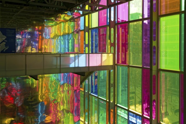 Colourful window reflections in the convention centre, Montreal, Province of Quebec, Canada, North