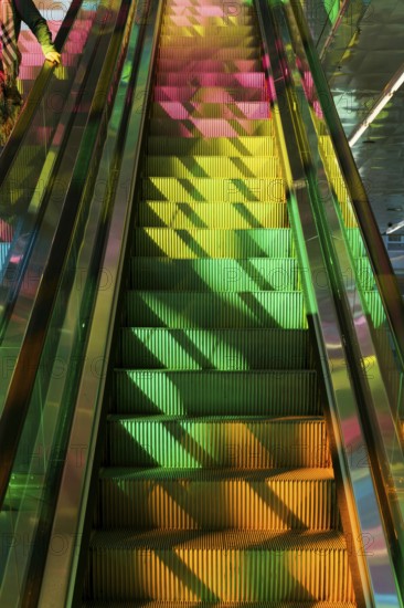 Colourful reflections on stairways, convention centre, Montreal, Province of Quebec, Canada, North
