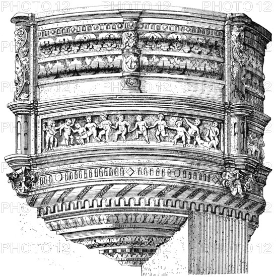 Historical architectural illustration from the 19th Century, 1882, facade with bay windows in