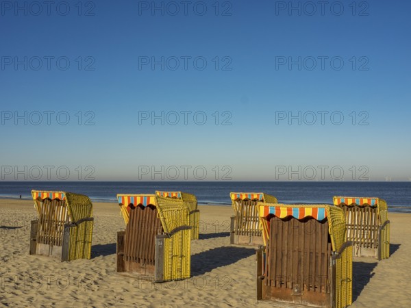 Several beach chairs stand on the sandy beach overlooking the calm sea on a clear, sunny day,