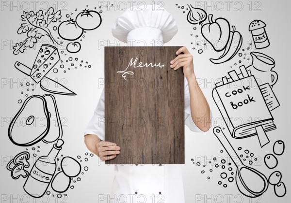 Restaurant Chef on a sketchy background hidden behind a wooden chopping board for a business lunch