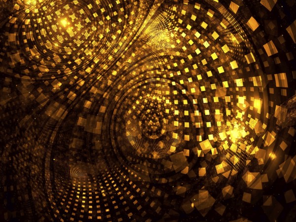 Golden fractal background or texture - mosaic with curved concentric circles and tiles, abstract