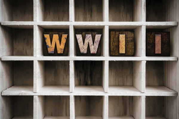 The word WWII written in vintage ink stained wooden letterpress type in a partitioned printer's