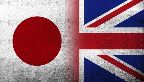 National flag of United Kingdom (Great Britain) Union Jack with National flag of Japan. Grunge
