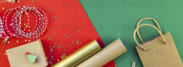 New Year or Christmas presents preparation DIY flat lay top view Xmas holiday celebration handmade