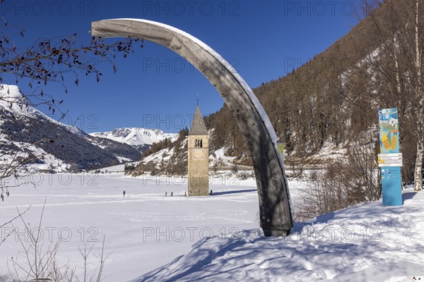 Church tower of Altgraun, Campanile di Curon Venosta Vecchia, sunken village in the reservoir, Lake