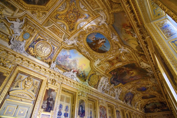 Decorated ceiling of the Apollo Gallery (Galerie d'Apollon) at Louvre Museum in Paris, France,