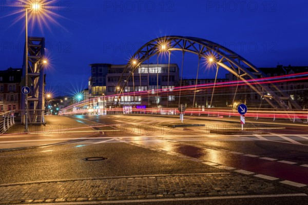 Luitpoldbrücke, Bamberg, Willy-Lessing-Straße, blue hour, city bridge at night with light traces of