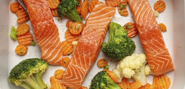 Top view of baking dish casserole with raw uncooked fish salmon steaks, broccoli, cauliflower,