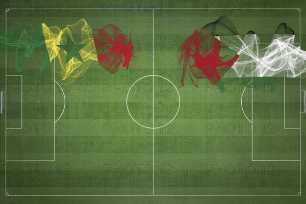 Senegal vs Palestine Soccer Match, national colors, national flags, soccer field, football game,