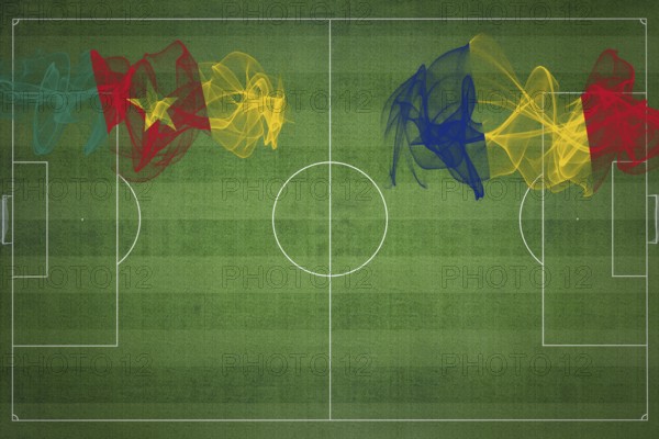 Cameroon vs Romania Soccer Match, national colors, national flags, soccer field, football game,