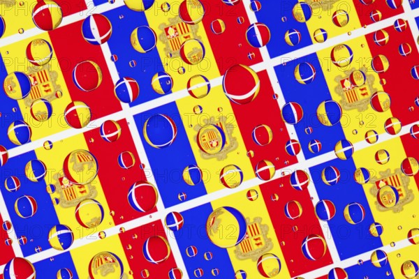 Flags of Andorra, behind a glass covered with rain drops.Pattern from Andorra flags. 3D