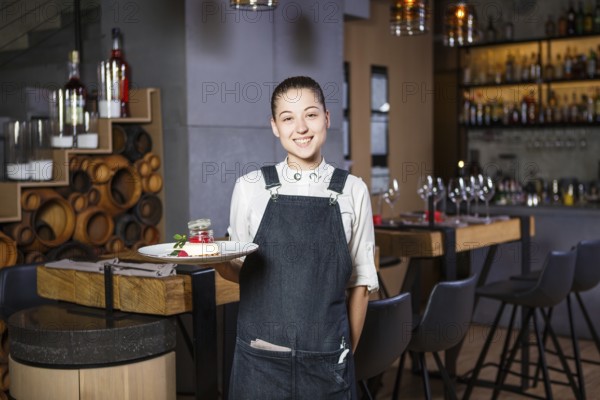 Ganson, officers, beautiful deushka with a smile and gathered hair in working form apron accepts an