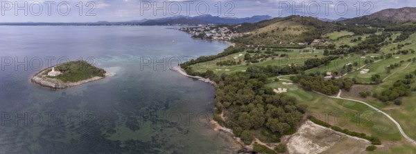 Beach and island of Alcanada, Club de Golf Alcanada, Alcudia, Majorca, Balearic Islands, Spain,
