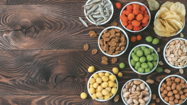 Assortment of different snack for beer, wine, party. Peanuts in coconut glaze, green vasabi, red