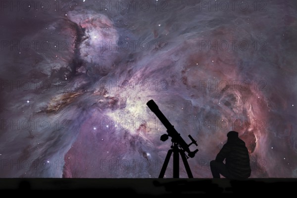 Man with telescope looking at the stars. The Orion Nebula Messier 42 diffuse nebula in