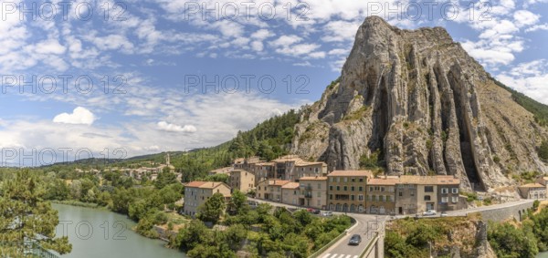 The Rocher de La Baume above the Durance at Sisteron in Provence. Panorama, panoramic. France,