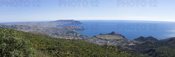 Panorama of the Black Sea coast, a view from the Perchem mountain on the resort town of Sudak and