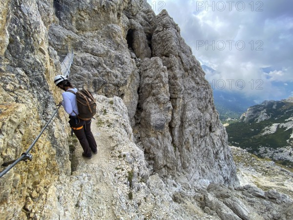 Adventurous hike up to mount Lagazuoi in the Dolomite Alps, autonomous pronvince of South Tirol in