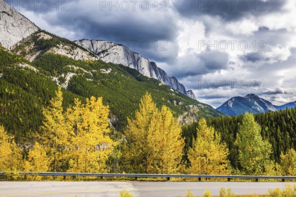 The dramatic storm clouds over the Rocky Mountains. The road is among autumn dense evergreen and