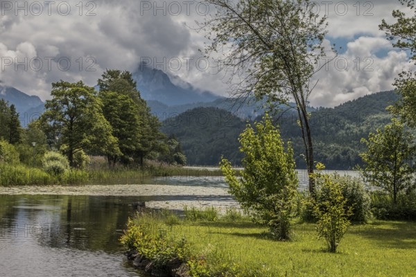 Lake Weissensee to the west of Füssen in the district of Ostallgäu, with the Ammergau Alps and the