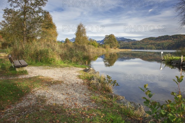 Wide-angle landscape view of Lake Weissensee with wooden bench on the left bank and the first