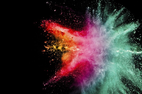 Abstract multicolored powder explosion on black background. Color dust particle splattered on