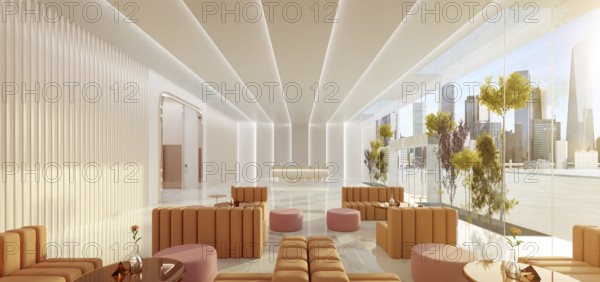 Interior of modern entrance hall in modern office building with reception counter and waiting area