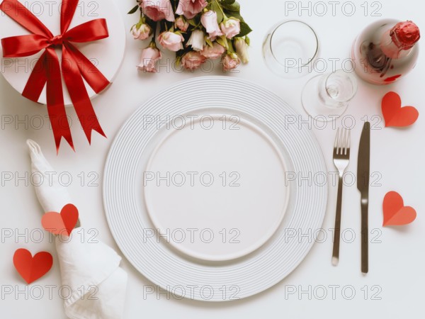 Valentines Day tablesettings concept on white background. Empty white plates, gold cutlery, rose