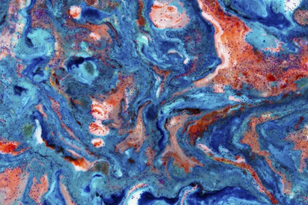 The background is acrylic blue with red lines and sparkles. Colourful marble texture. Liquid, fluid