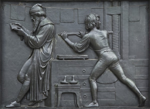 Sculptor Bertel Thorvaldsen inaugurated in 1837, bronze relief on the plinth: workshop scene