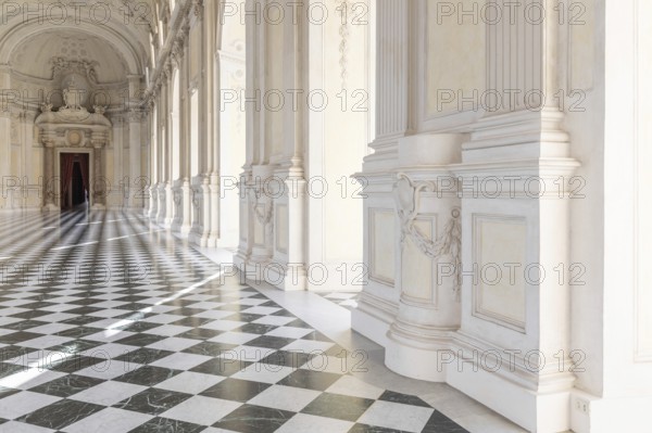 Reggia di Venaria Reale, Italy, October 2022: corridor perspective, luxury marble, gallery and