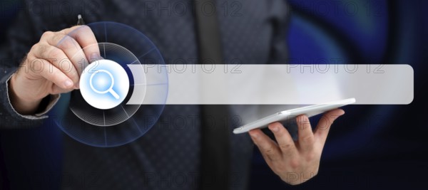 Man sitting at the table with laptop. Big white speech bubble for text overhead. Empty Dialog box