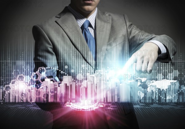 Businessman touching colorful hologram of modern business district 3d model. Architect presenting