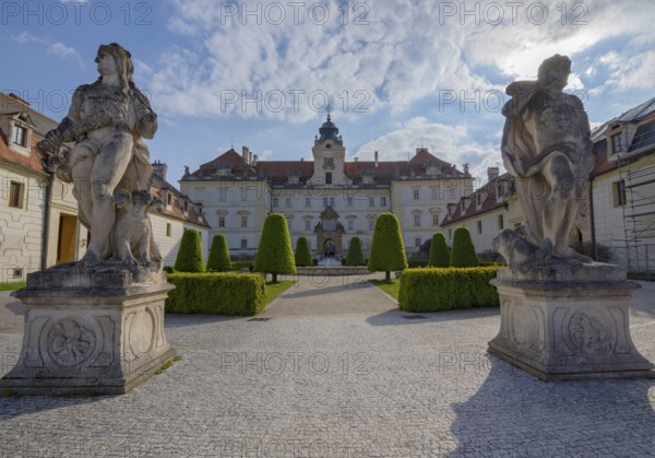 Entrance of the beautiful baroque castle in Valtice, South Moravia, famous travel wine destination