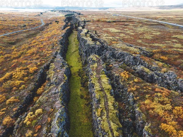 Aerial view of Thingvellir National Park, famous area in Iceland right on the spot where the
