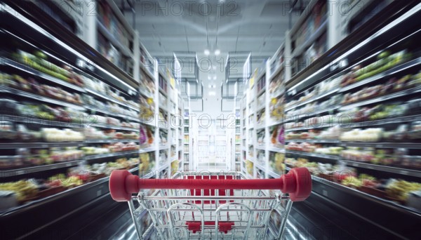 Red shopping cart with motion speed blurred supermarket aisle background