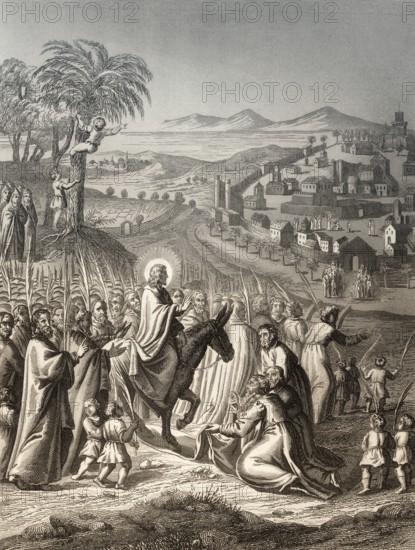 Jesus's triumphal entry into Jerusalem on Palm Sunday, New Testament, steel engraving 1853,