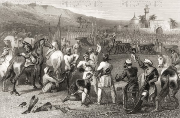 The disarming of cavalry of soldiers by the British units at Berhampur, Berhampore, Indian Mutiny,
