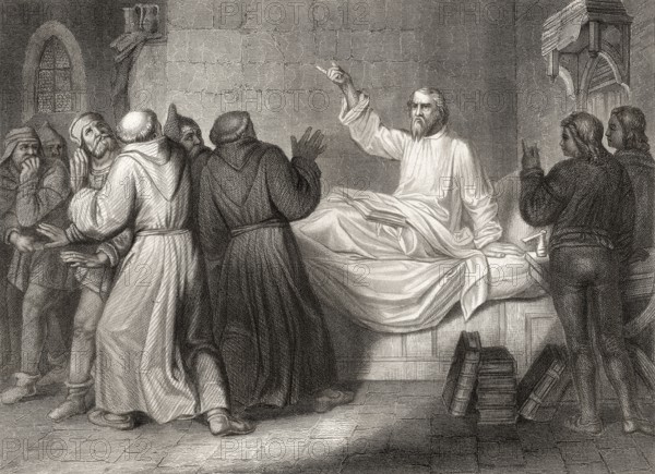 John Wycliffe, Doctor evangelicus, 1330, 1384, an English church reformer on his sick bed,