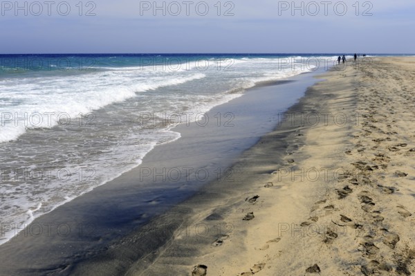 Footprints in the sand, black beach, Jandia, Playa del Matorral, Jandia Peninsula, Fuerteventura,