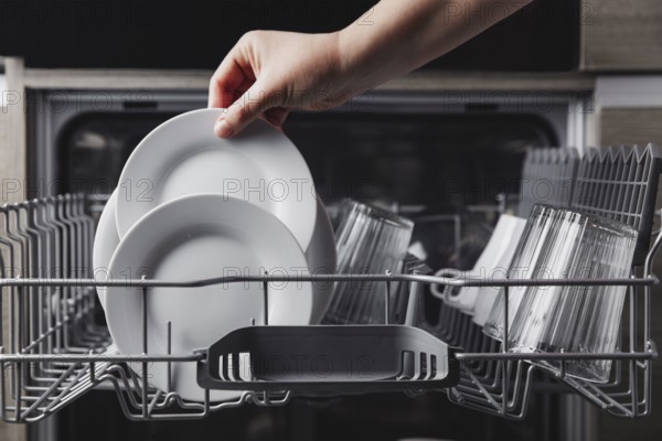 Female hand loading dished, empty out or unloading dishwasher with utensils. Kitchen appliances,