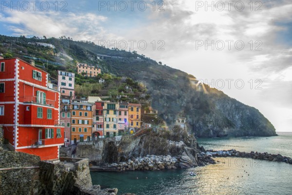Riomaggiore first colorful place near La Spezia on Liguria coast in Italy, fanatstic small colorful