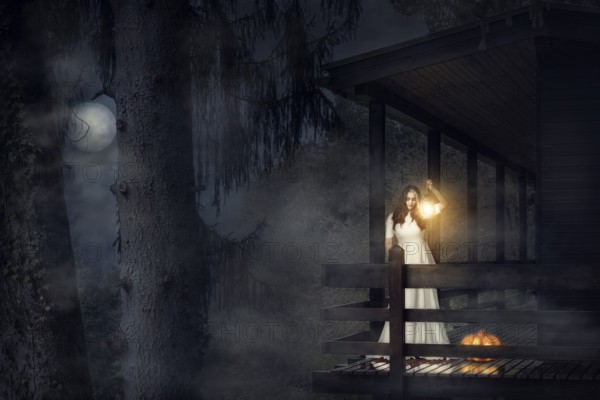 Spooky girl, in a white dress, holding a lit lantern, a pumpkin near her, on the balcony of a