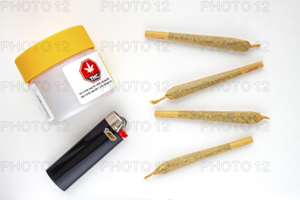 Calgary, Alberta, Canada. Aug 19, 2020. A Cannabis white and yellow plastic packaging container
