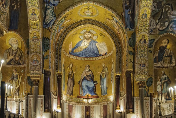 Medieval Byzantine style mosaic of Christ Pantocrator above the altar of the Palatine Chapel