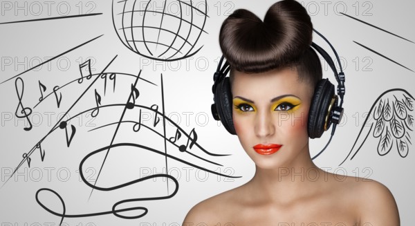 Clubbing fashionable girl in nightclub with big vintage headphones on grey sketchy background of a
