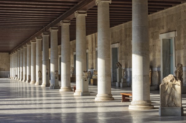 Columns inside the Stoa of Attalos, a covered walkway or portico, in the Agora, Athens, Greece,