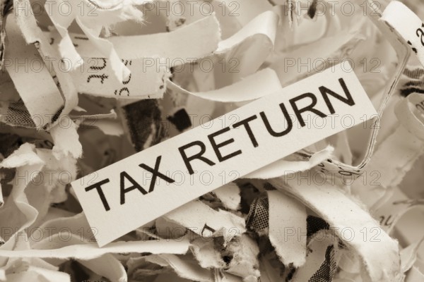 Paper shreds with the keyword Tax Return, symbolic photo for data destruction, data protection and