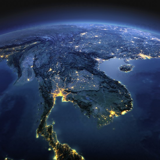 Night planet Earth with precise detailed relief and city lights illuminated by moonlight. Indochina